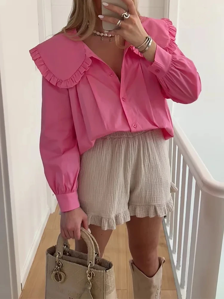 Женские милые элегантные красные летние свободные рубашки с воротником Питер