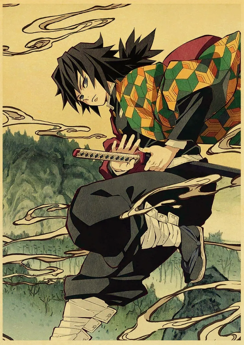 Kimetsu No YAIBA Tanjirou Nezuko аниме плакат в стиле ретро из крафт-бумаги Bar Office Кофейня