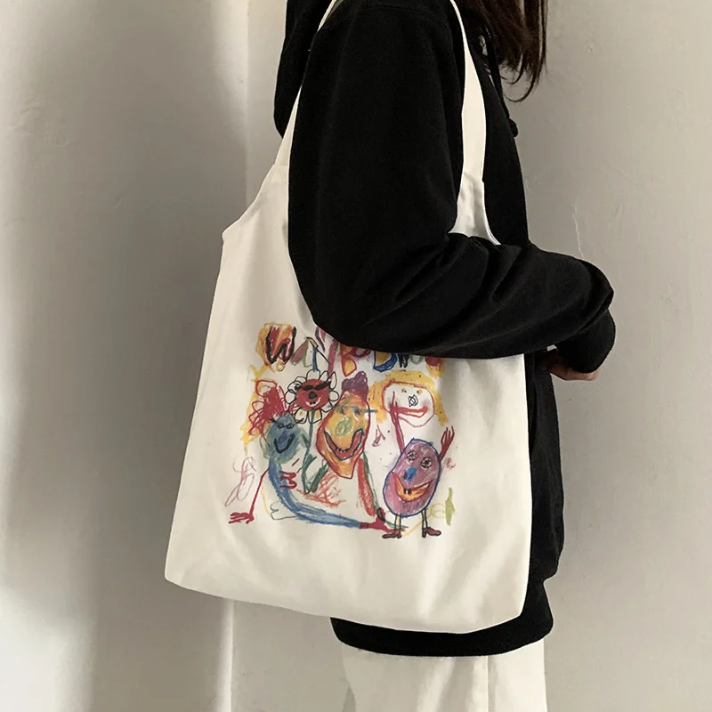 

New Japanese Tote Shopping Bag for Lady 2023 Literary Cartoon Canvas Shoulder Bag Women Students Cotton Cloth Eco Shopper Bag