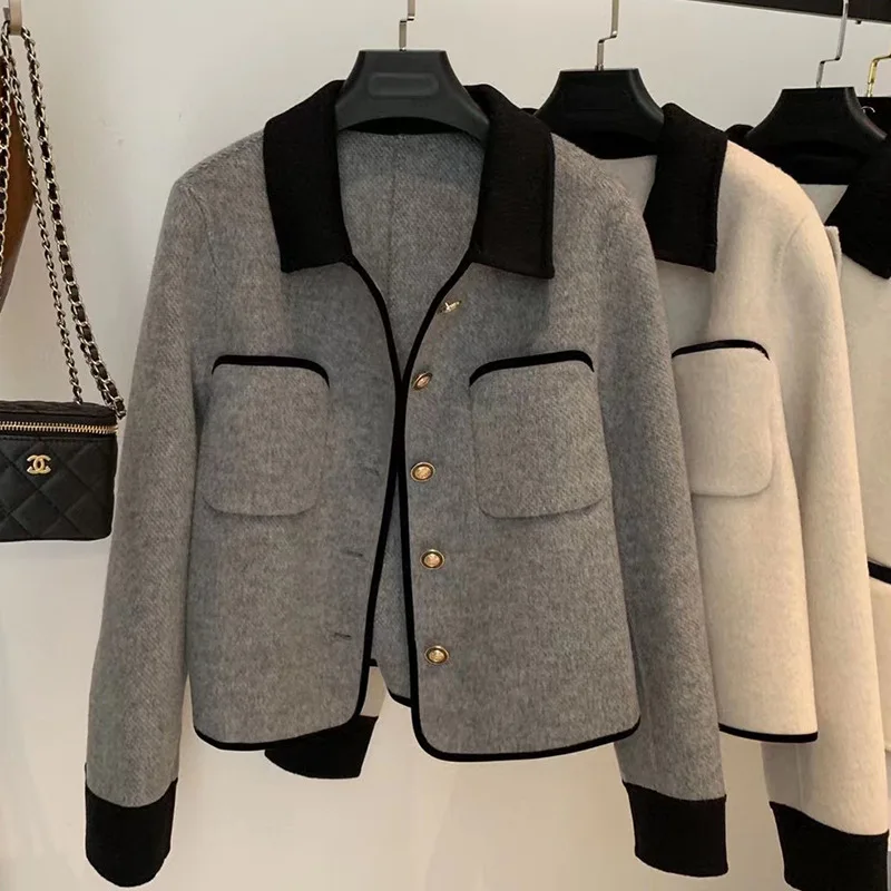 

Suit outerwear for women in spring and autumn, double-sided cloth, contrasting color, foreign style wool coat, short coat