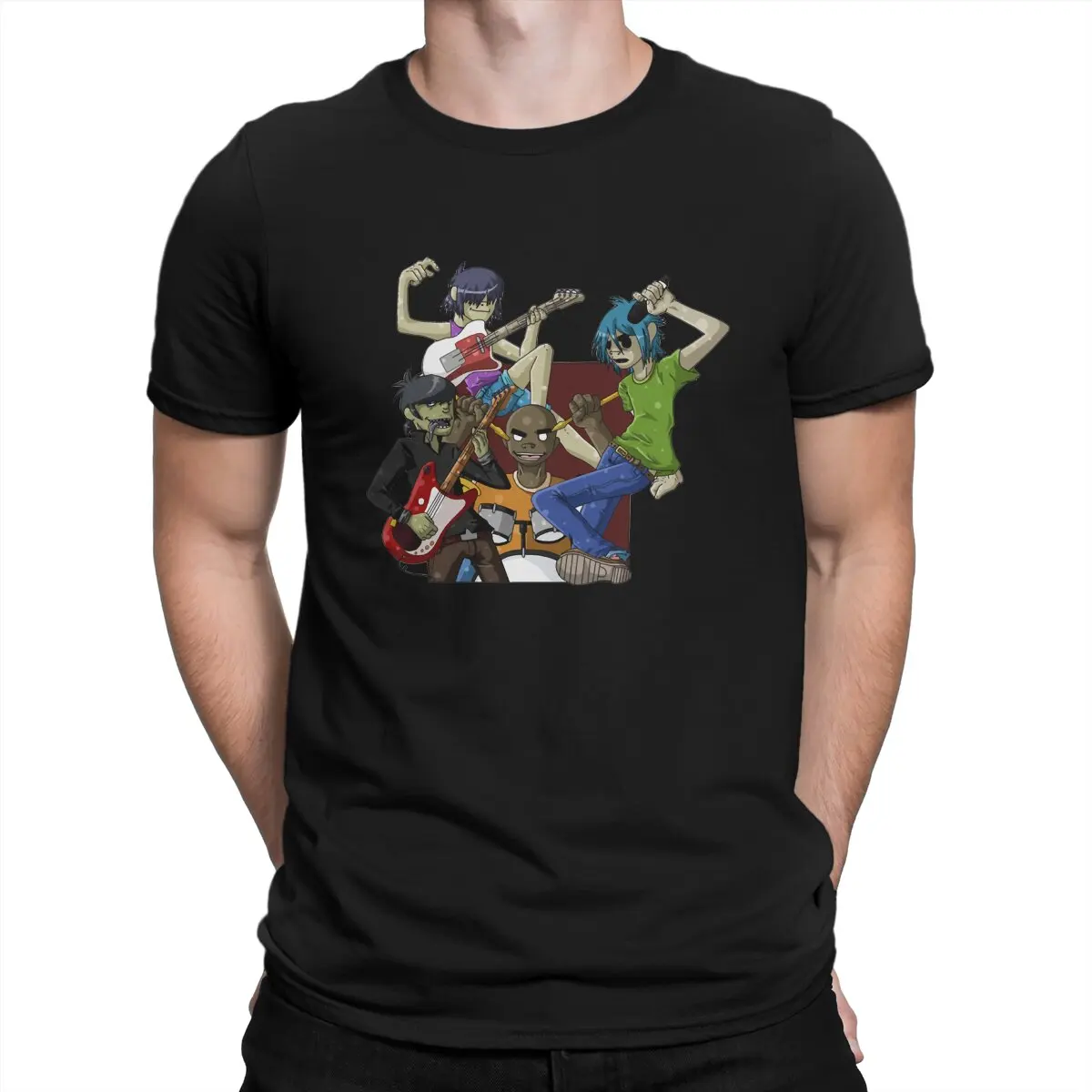 

In April We Wear Blue T-Shirt for Men Gorillaz Virtual Band Vintage 100% Cotton Tees Crewneck Short Sleeve T Shirts Graphic