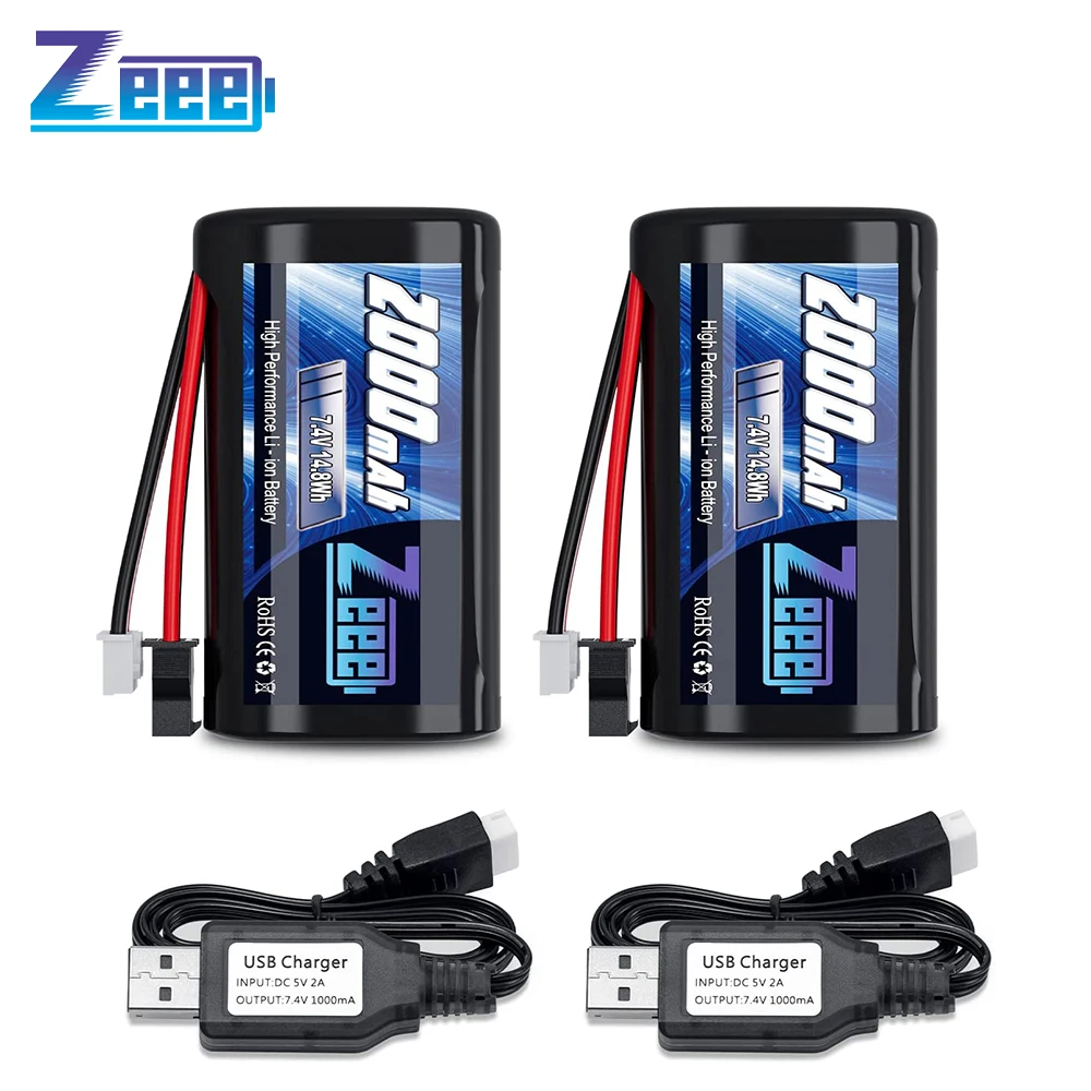 2Units Zeee 2S Li-ion Battery 7.4V 2000mAh Battery with SM 2P Connector 2 USB Charger for RC Cars Trucks FPV Racing Hobby Parts