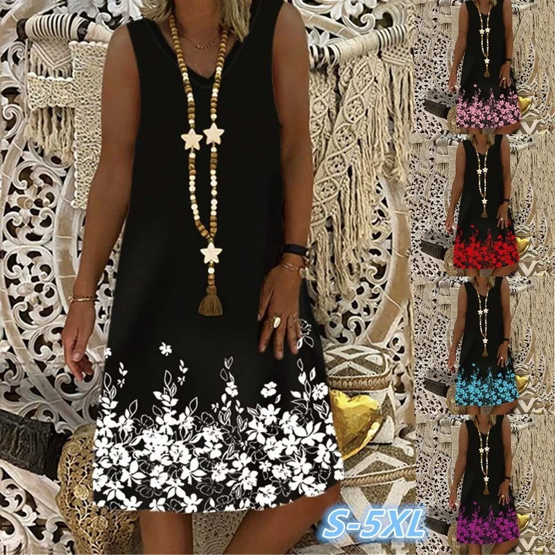 

Women's New Short Sleeve V-Neck Floral Print Midi Skirt Ladies Loose Large Size Shift Dress Summer New Pullover Dress Plus Size