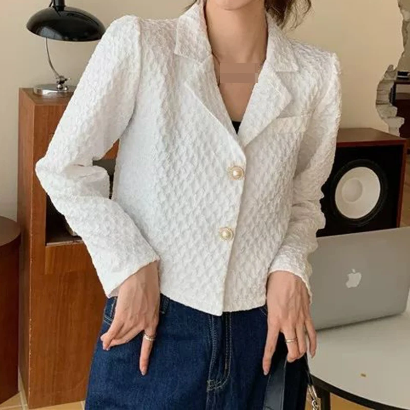 Lazy wind jacket women's spring 2022 new French sweet suit collar short white long-sleeved cardigan top  ladies tops