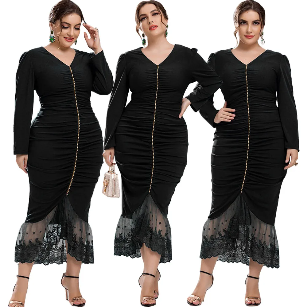 

Plus Size African Dresses for Women Long Sleeve Marmerd Lace Evening Gown Bodycon Stretch Pleated Muslim Abaya Dress Kaftan Robe
