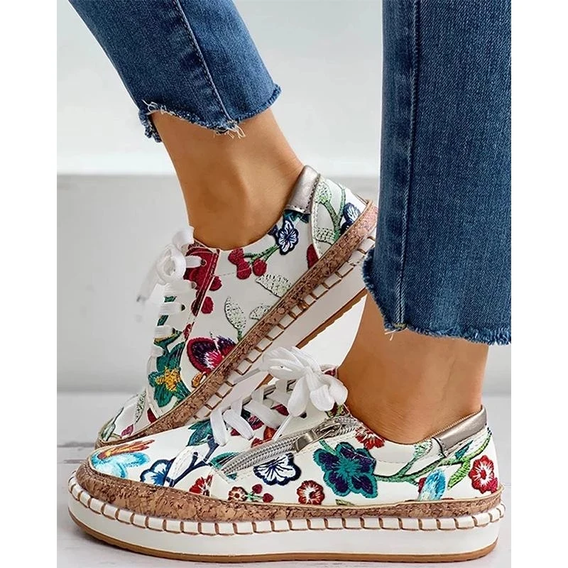 

Women Sneakers Lady Vulcanized Shoes Elegant Floral Printed Lace-up Female Platform Shoes Fashion Women Casual Footwear