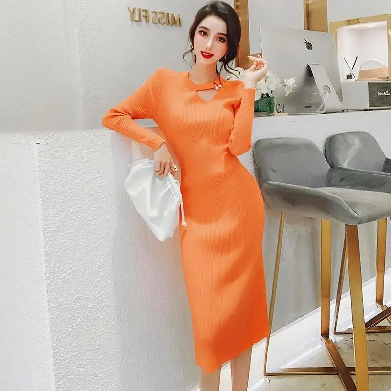 

Women 2022 Autumn Winter New Long Sleeve Knitted Dress Female Long Solid Color Slim Dresses Ladies O-neck Sweater Vestidos F263