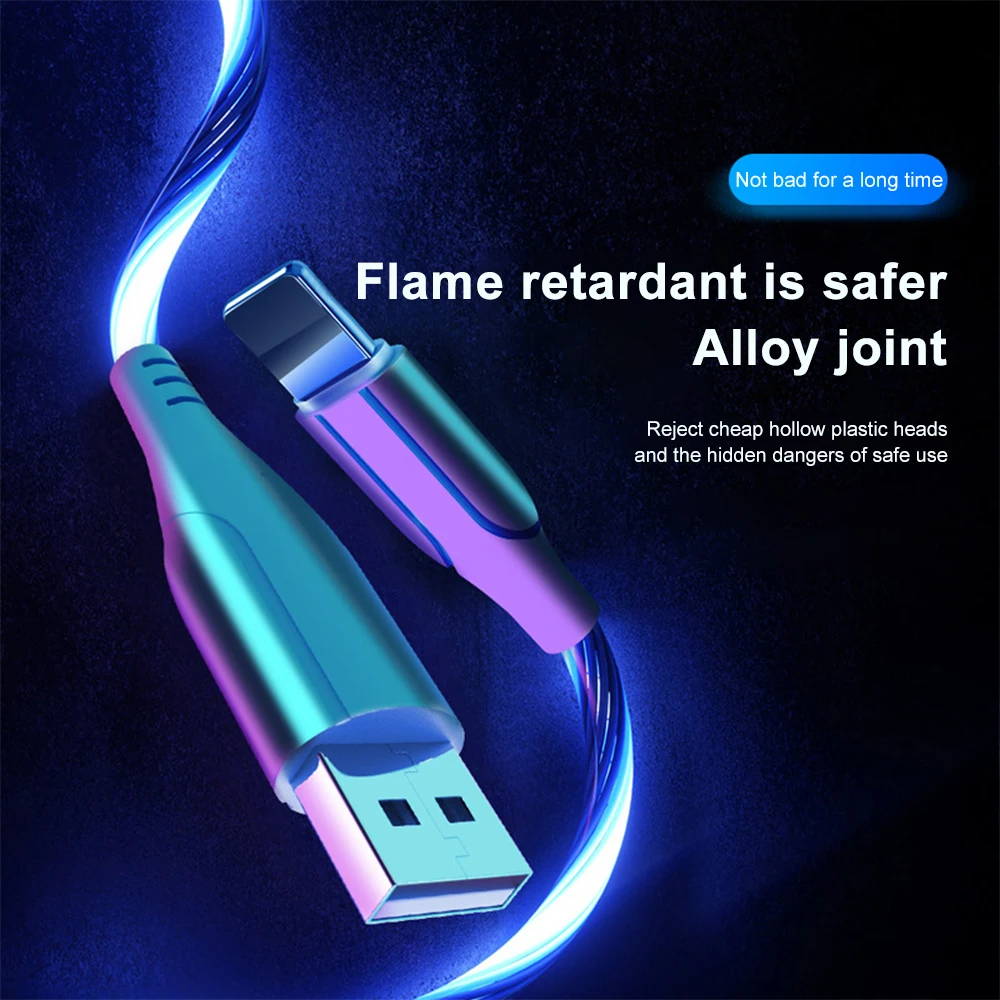 Glowing LED Cable 2.4A Fast Charging Micro USB Type C High Speed Data Transfer Flowing Streamer Light Cord |