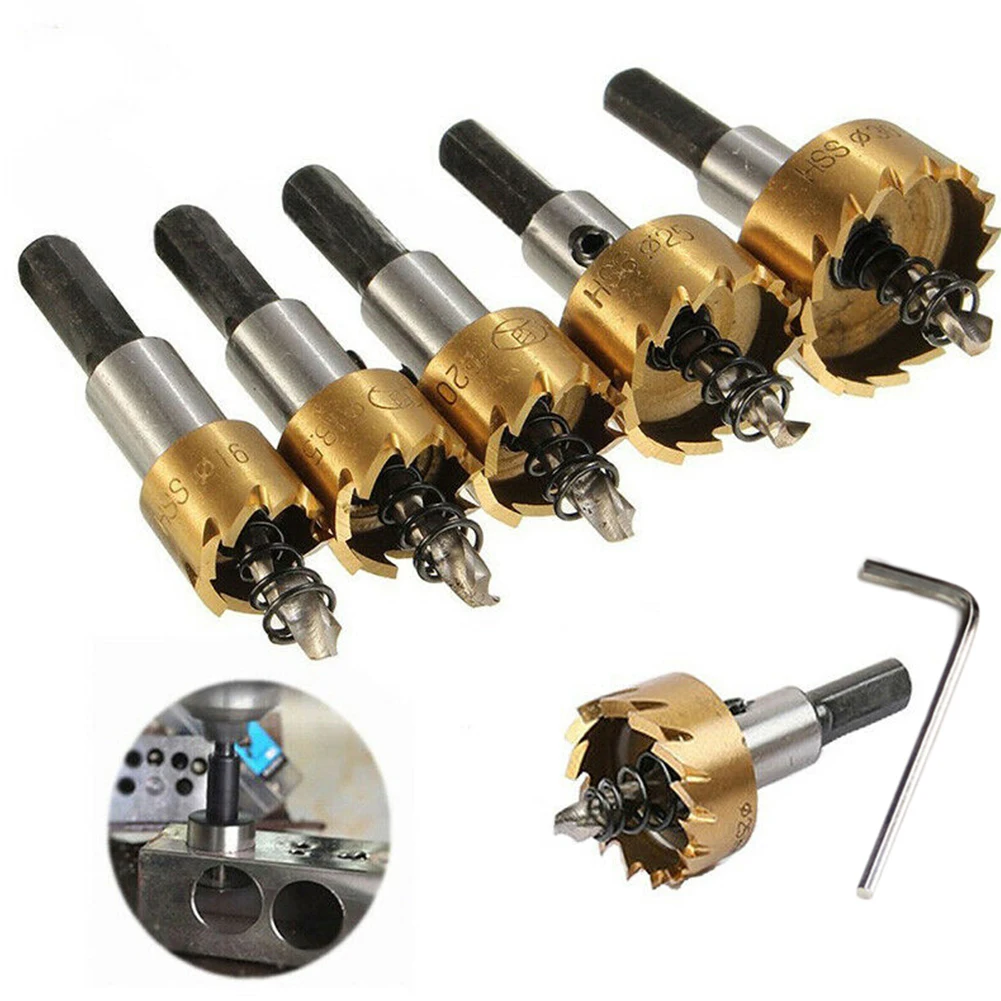 

5pcs HSS Hole Saw Set Titanium Plated Drill Bit Drilling Crown For Wood Plastic PVC Stainless Steel Wood Cutting Tool 16-30mm
