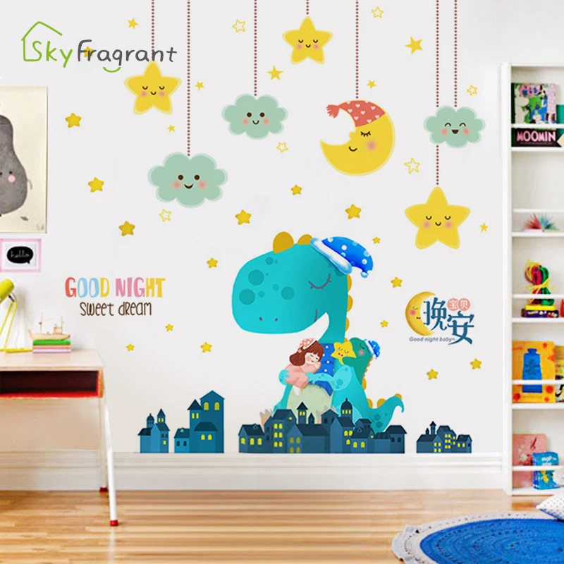 

Cartoon Good Night Dinosaur Wall Stickers Kids Room Decoration Home Decor Baby Bedroom Self-adhesive Creative Large Sticker
