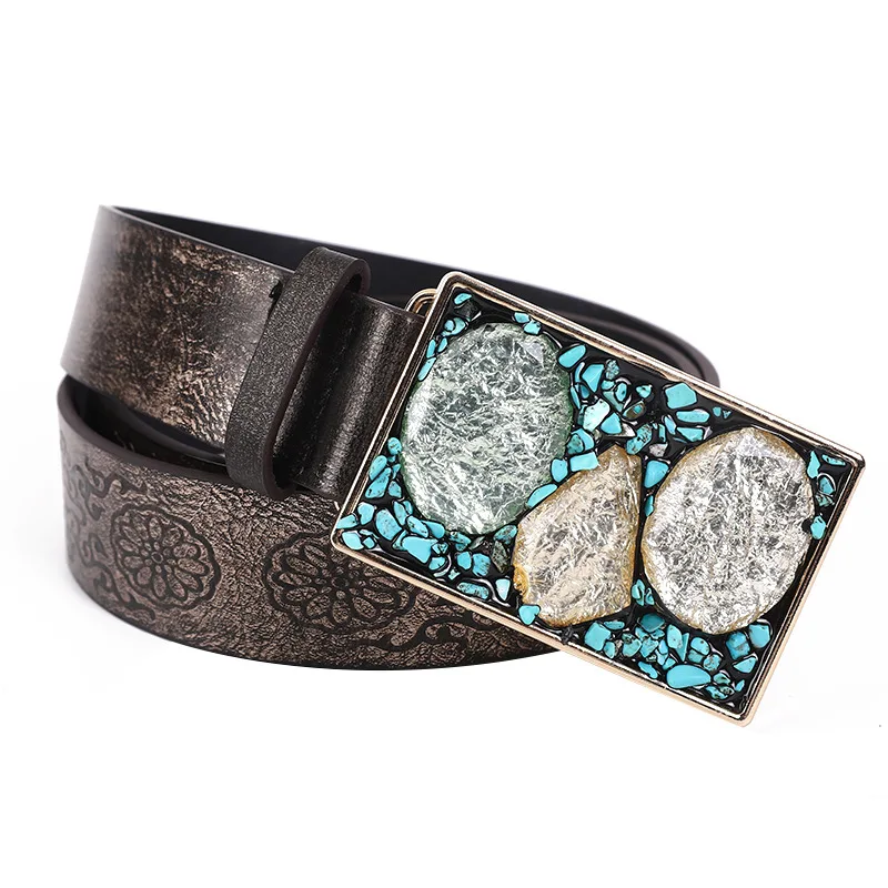 Fashion Embossed Strap with Square Alloy Buckle Turquoises and Stones Decor Belt for Men