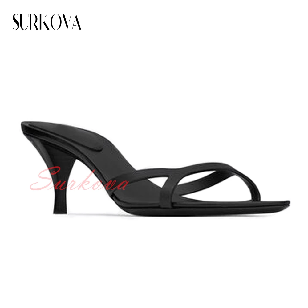 Ladies Concise Casual Slippers Pure Black Narrow Band Open Toe Sandals Pointed Toe Low Heel Comfortable Outdoor Sandals 2023 New