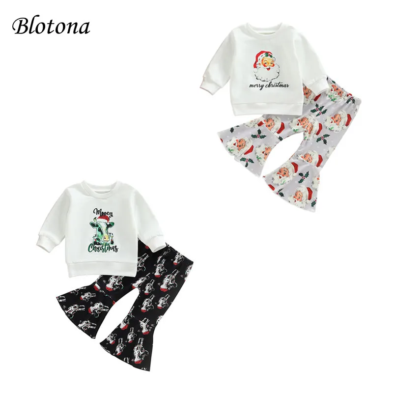 Blotona Kids Girls Christmas Suit, Long Sleeve O-Neck Santa Claus / Bull Print Tops + Casual Bell-Bottomed Pants, 6Months-4Years