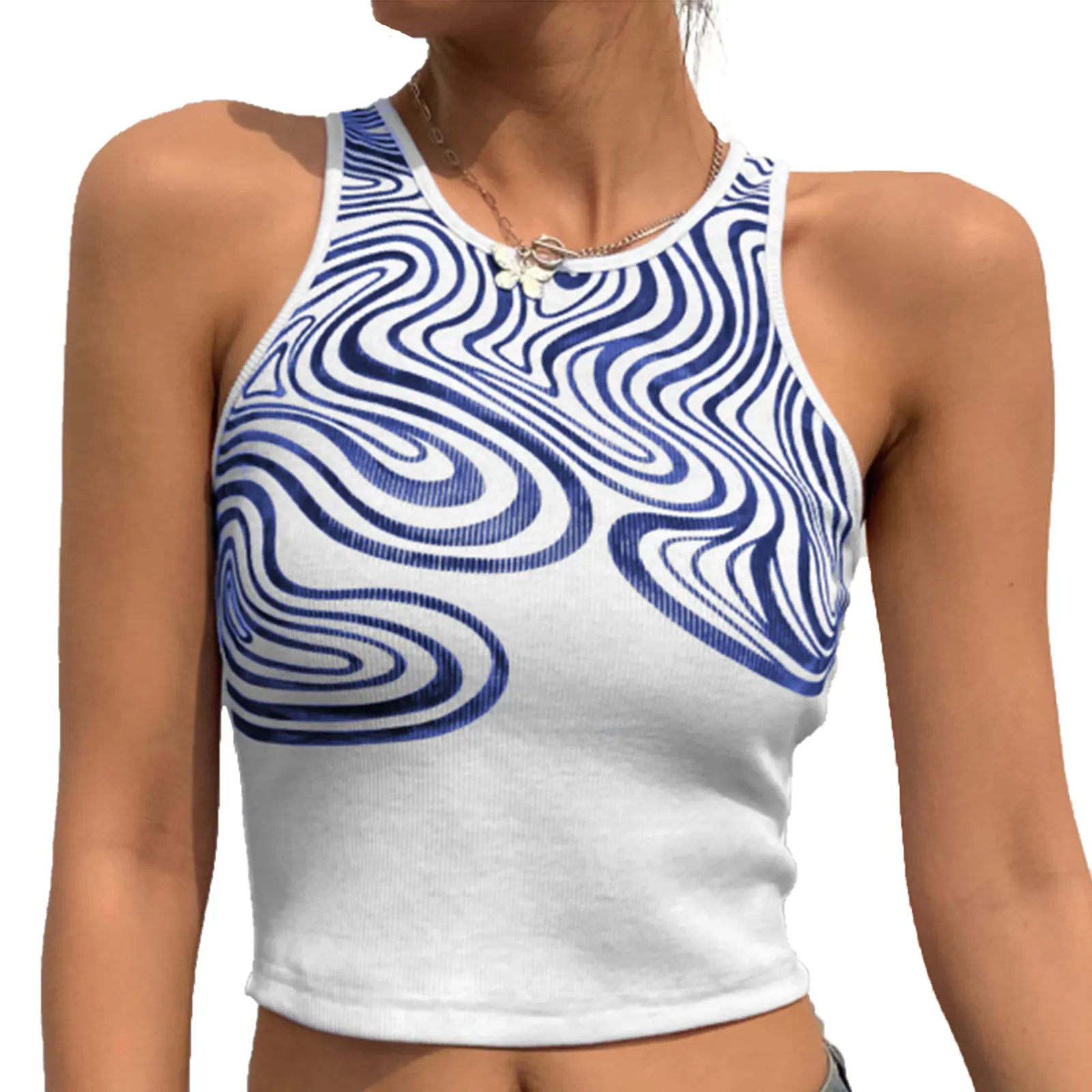 

Women Close-fitting Camisole Printed Pattern Round Collar Sleeveless Crop Tops Dark Blue/ Green