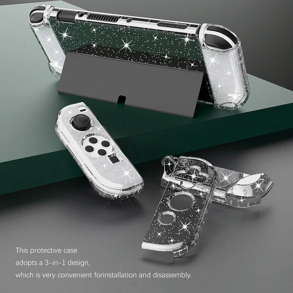 

Flip Glitter Clear Case for Nintendo Switch OLED Protective Accessories Set Flash Cover For Switch OLED Hard Shell Film Glass