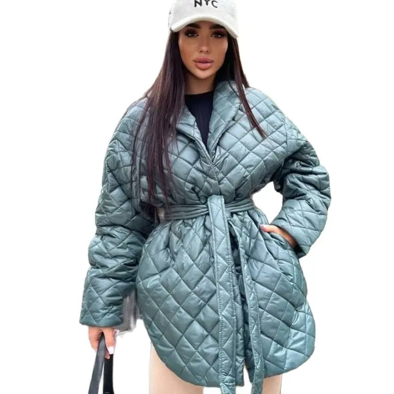 Plaid Cotton Jackets Winter Lady Lapel Long Sleeve Slim Tie Mid Length Jacket Coat INS Style  Women Casual Wild Coat Soild Color