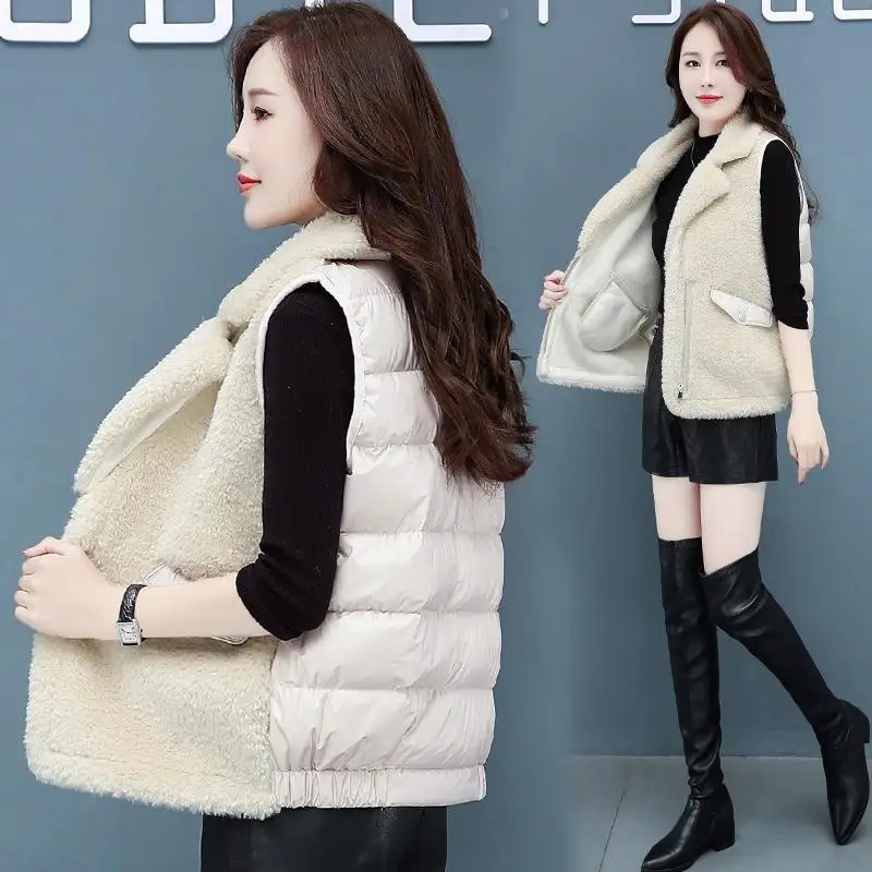 

2022 New Autumn Winter Imitation lambswool Splicing Cotton Vests Jacket Women Korean Sleeveless Parkas Female Short Vest Jackets