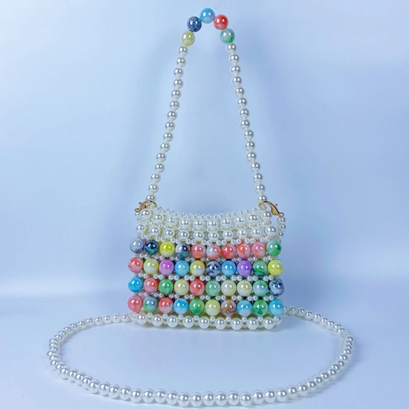 

Women's Mini Pearl Bag Fashion Colorful Beaded Handbag Hand-woven Contrast Shoulder Bag Evening Party Crossbody Lipstick Bag