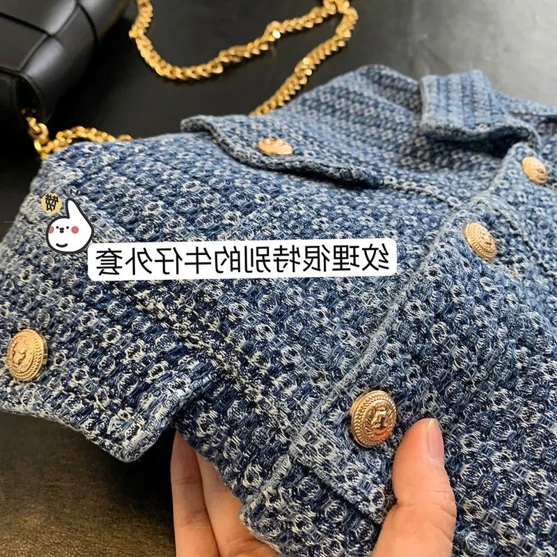 

One Ding Needs to Be Collected! Heavy Industry Woven Loose Contrast Color Retro Gold Buckle Denim Jacket Women's Early Spring