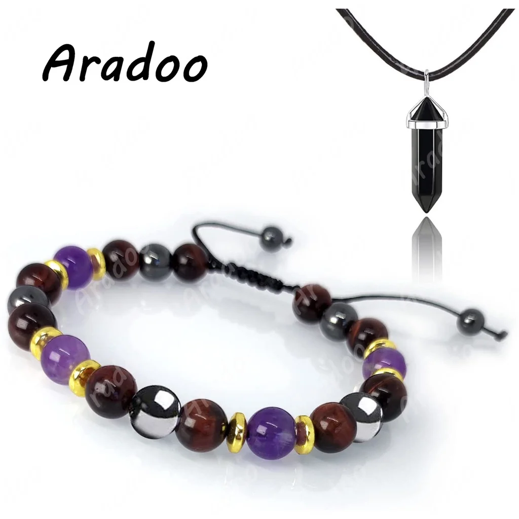 

ARADOO Tiger Eye Black Gallstone Woven Lucky Bead Bracelet Necklace Three Color Natural Stone Jewelry Set