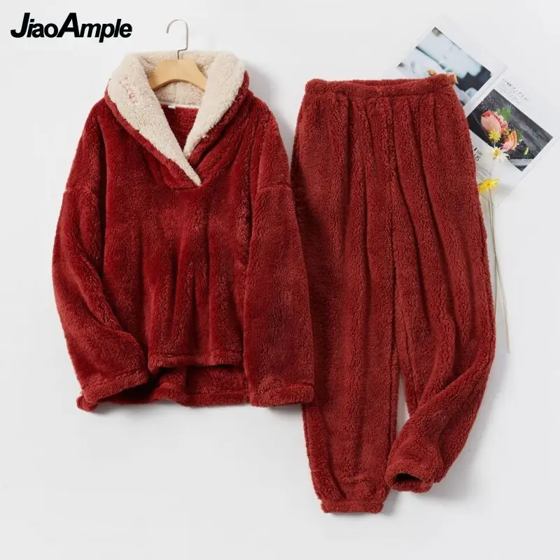 Winter Warm Pajamas Women's Solid Coral Fleece Pijamas Trousers Two-piece Korean Fashion Sleepwear Nightwear Home Clothes Suit