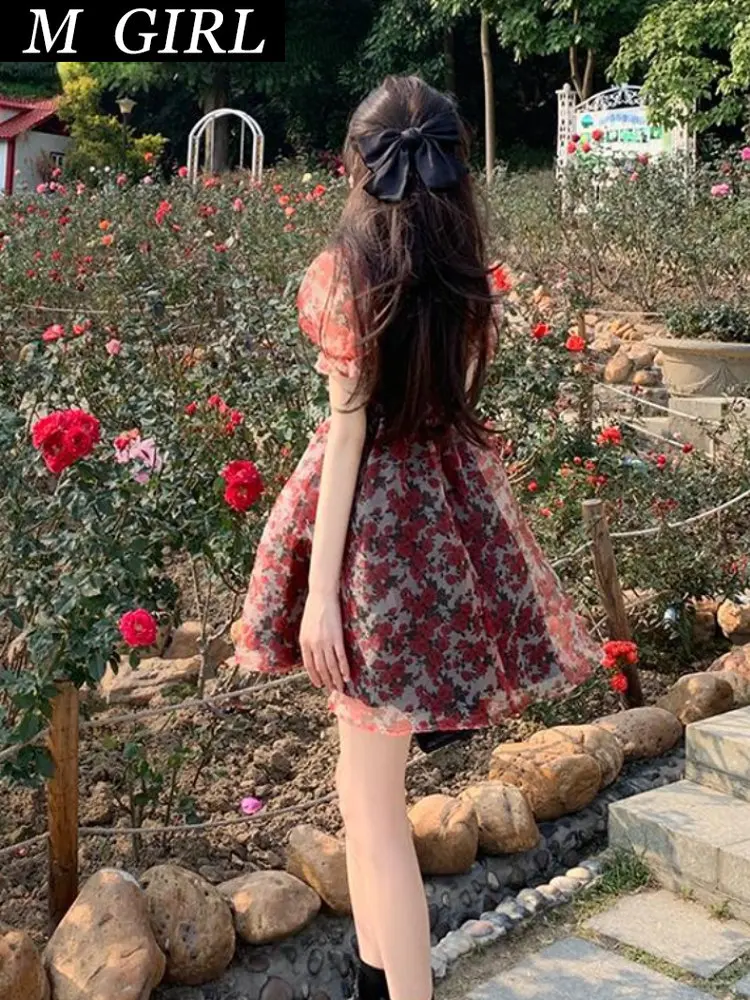 

Dresses For Women 2023 Summer Sweet Kawaii Y2k Mini Dress Woman Vintage Floral Short Sleeve Dress Elegant Party One Piece Dress