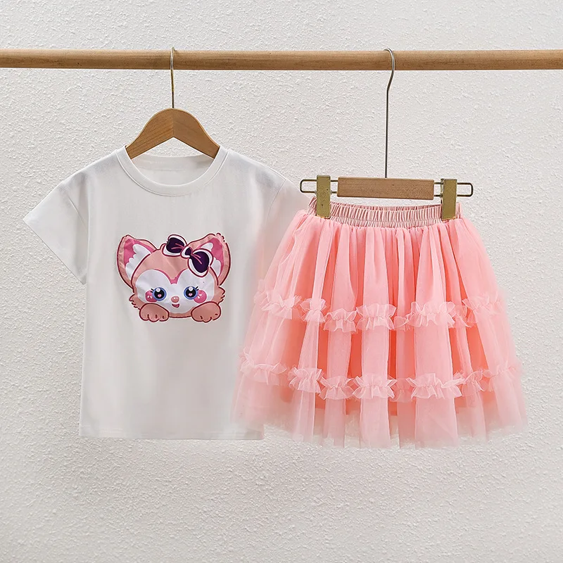 

Girls Cute Lina Bell Clothes Set Summer Kids Cartoon Short Sleeve with Lace Skirt Two Piece 2-7Y Children Sweet Party Clothing