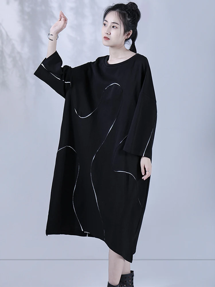 

XITAO Solid Color Print Striped O-neck Pullover Dress 2022 New Arrival Full Sleeve Casual Fashion Temperament All Match WLD7565