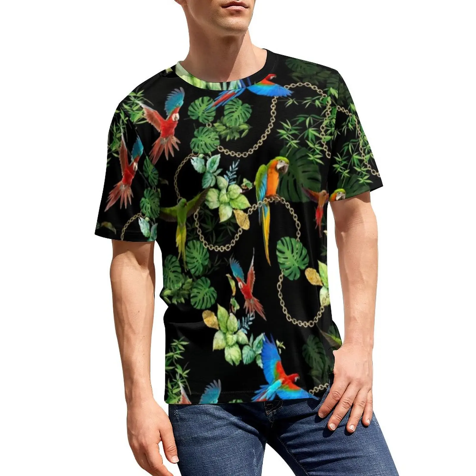 

Gold Chains Print T Shirt Tropic Parrots Male Retro T Shirts Summer Printed Tees Short Sleeve EMO Big Size Tops Gift Idea