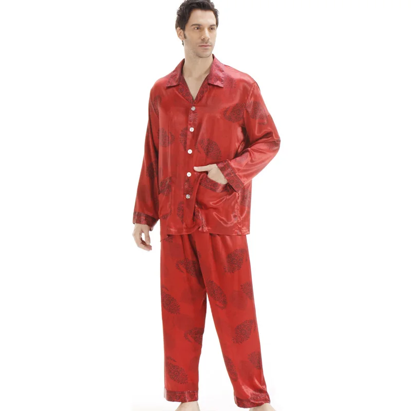 Men's Pajama Set Mens Sleepwear Red Satin Silk Pajamas for Couples Nightwear Pjs Dropshipping