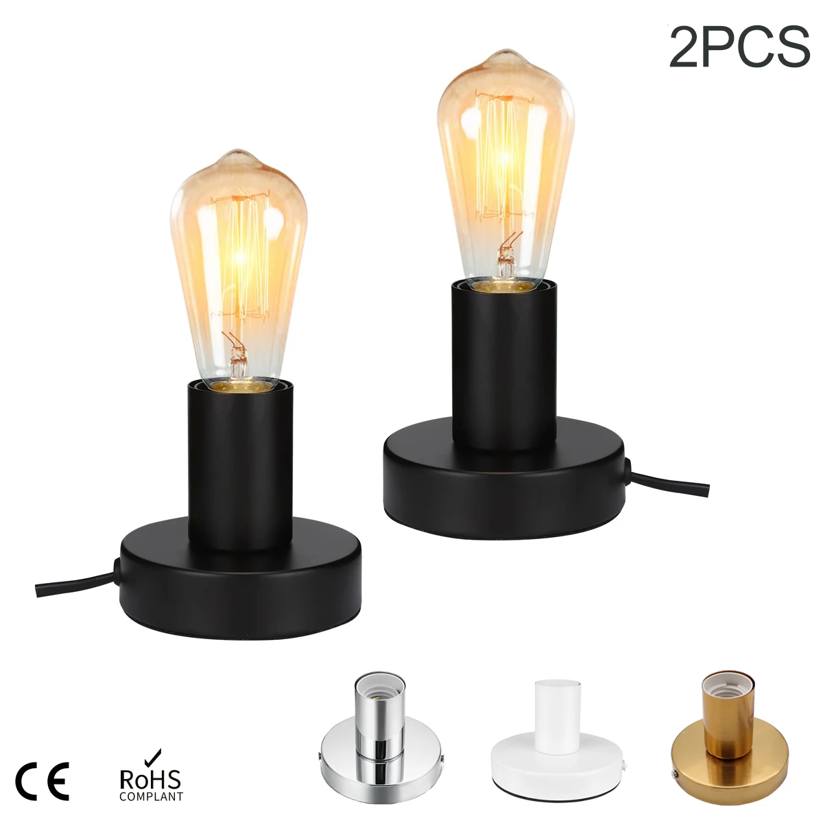 

2PCS E26 E27 Polished Metal Table Lamp Base EU Plug 220V 1.8cm Cord Vintage Desktop Night Light for Bedroom Living Room