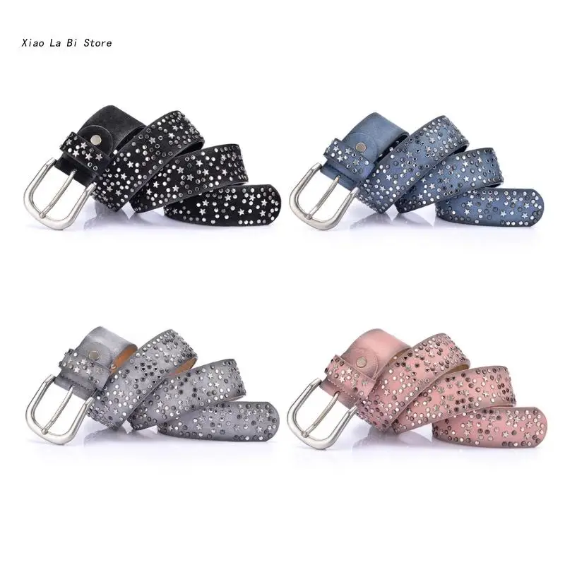 

XXFD Western Shinning Buckle Belt Studded Star Adjustable Buckle Belt for Skirt Jeans