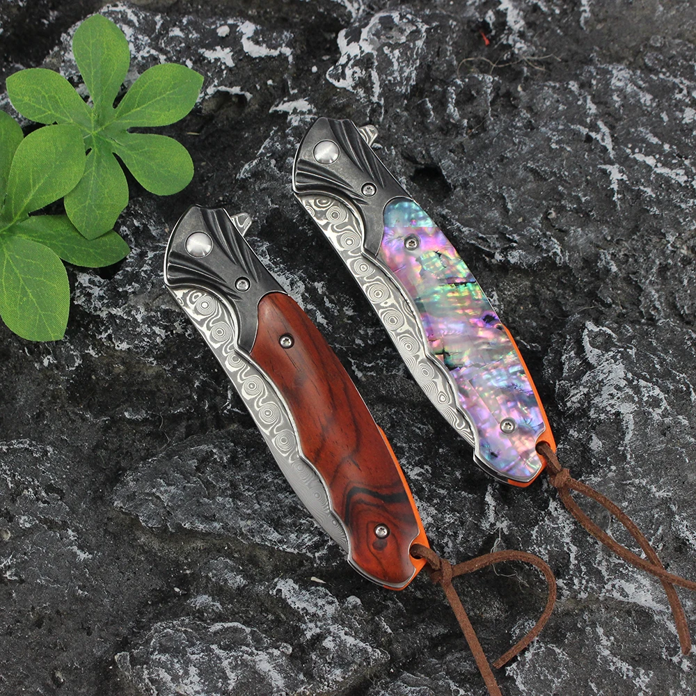 Складной нож из дамасской стали 76 слоев лезвие деревянная ручка