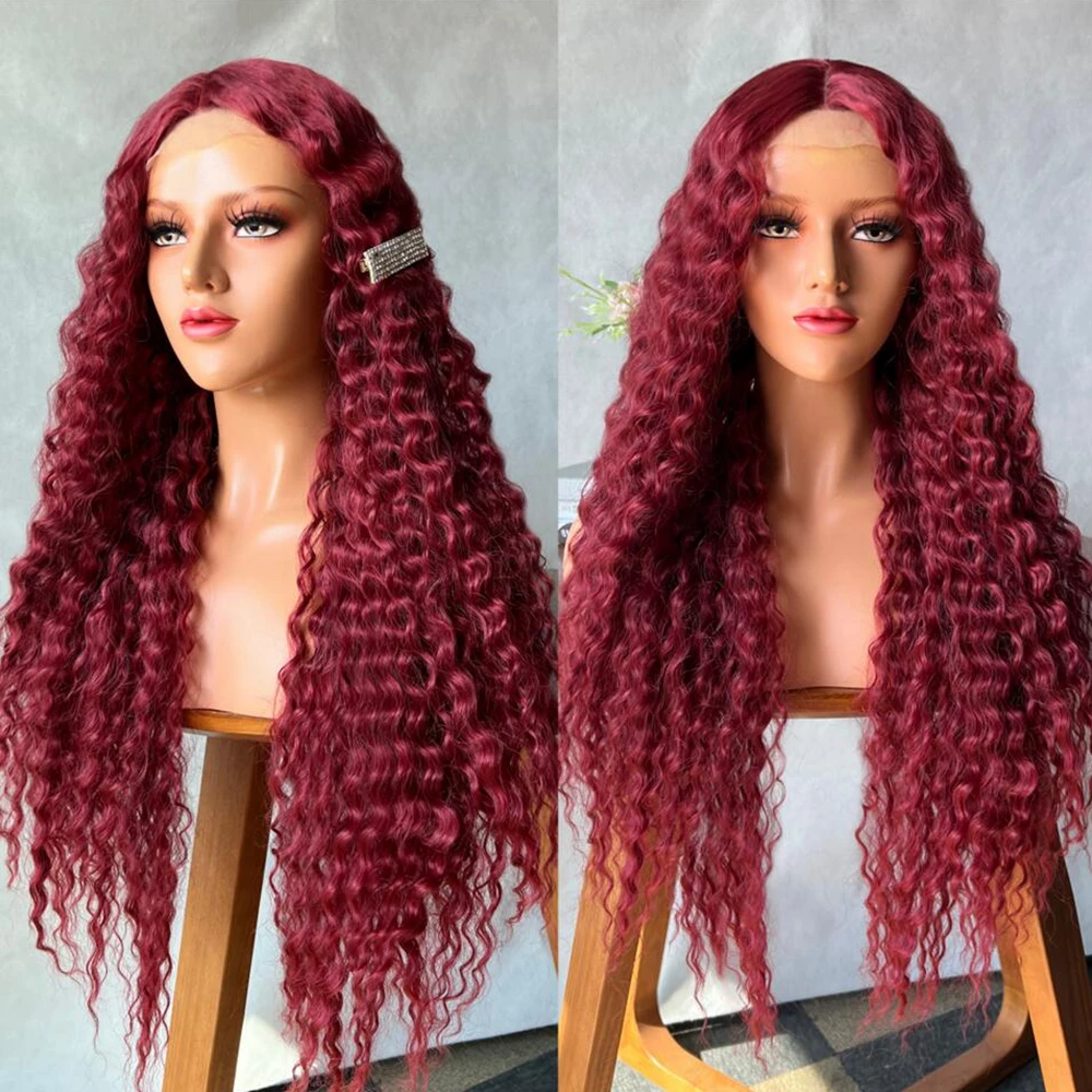 

99J Burgundy Kinky Curly Lace Wigs Middle T Part Synthetic Lace Closure Wigs for Women Wine Red Colored Glueless Curly Wave Wigs