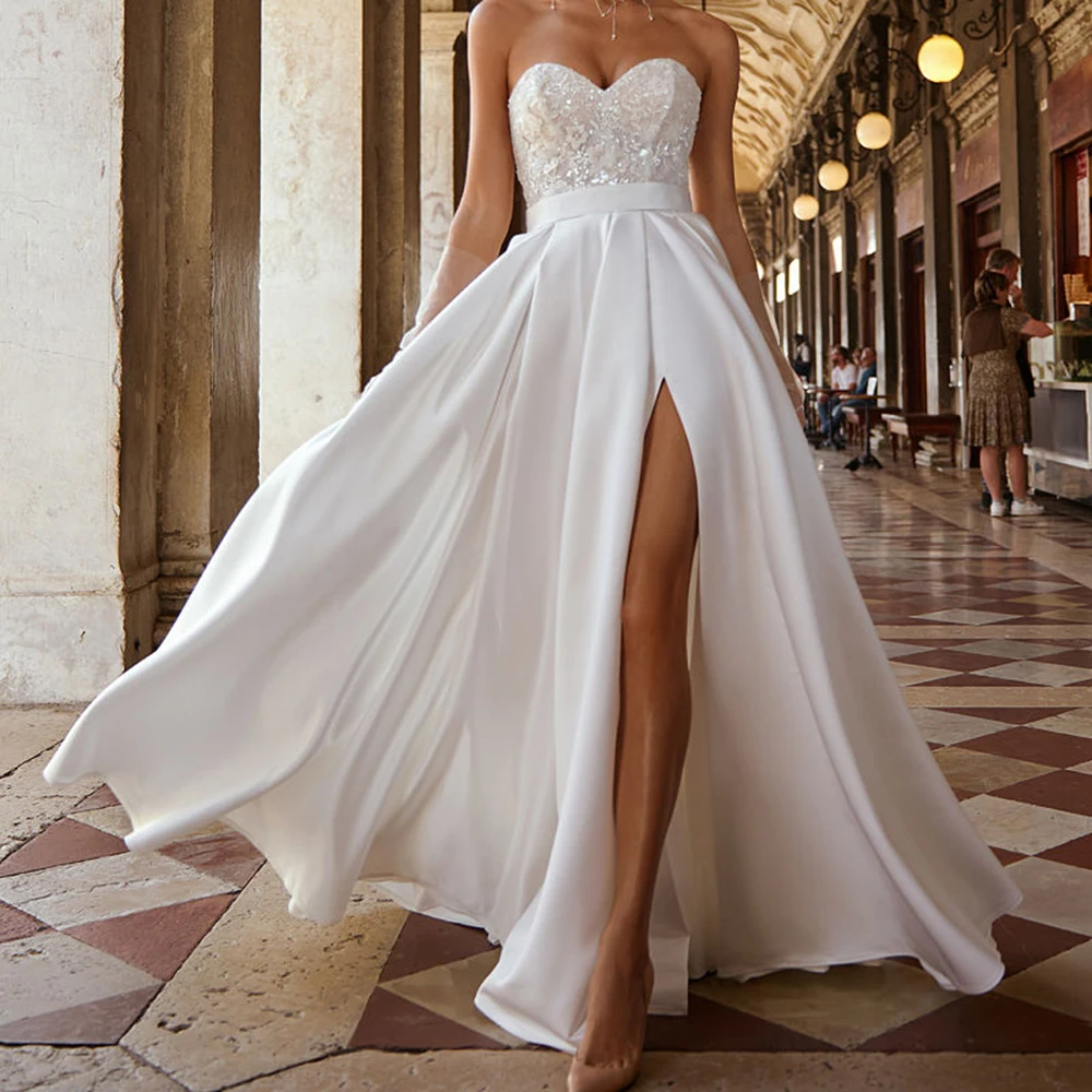 

Gorgeous Sweetheart Wedding Dresses Sequined Applique Side Split A-Line Sleeveless Satin Court Train Prom Gowns For Bride