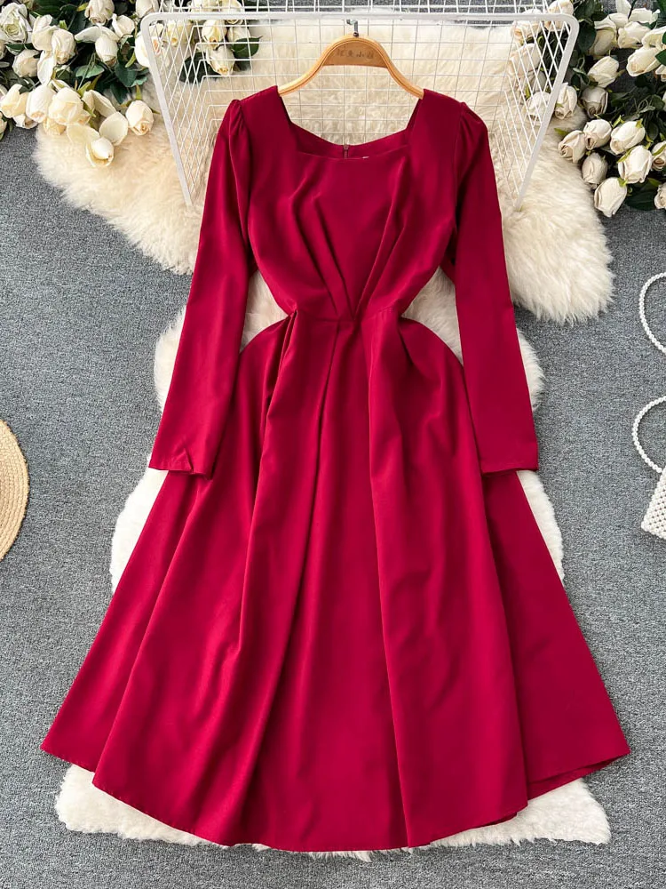 

Женское облегающее платье с длинным рукавом, осеннее платье с квадратным вырезом и высокой талией, потрясающее длинное платье во французск...