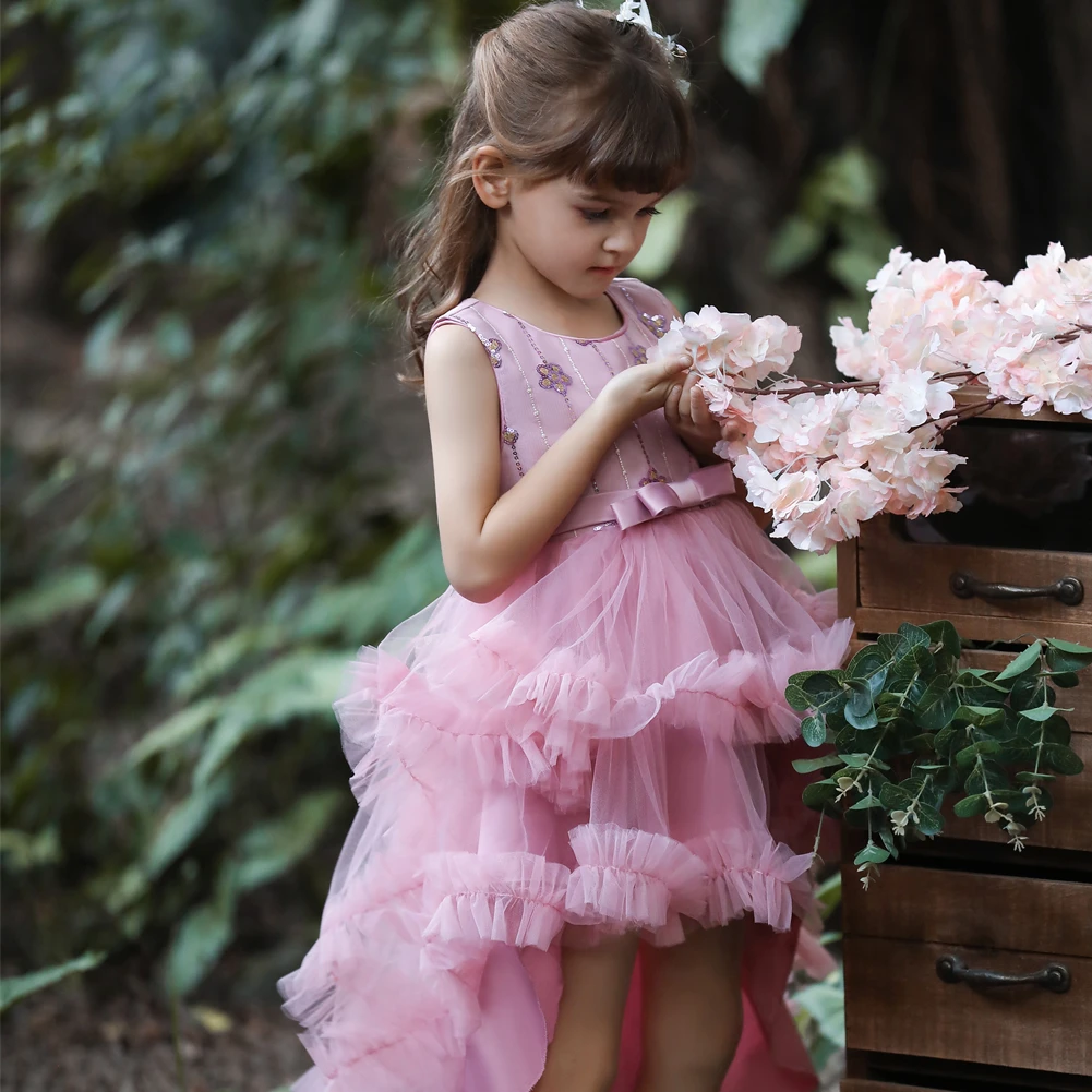

2021 spring new red little tailed Princess Dress Beautiful sequined flower girls' Prom Dress child stage Performance Costume