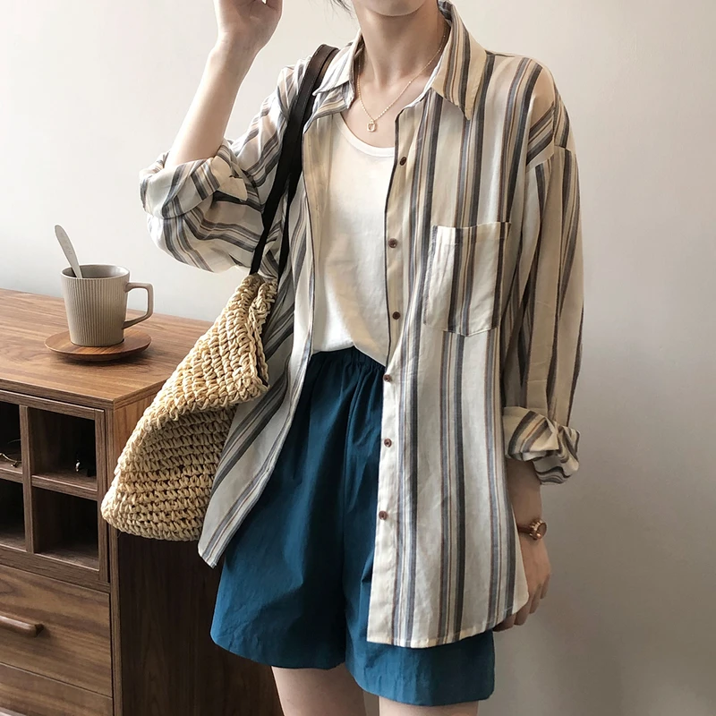 

Summer Button Up Shirt Fashion Loose Sweet Elegant Striped Shirts Women Long Sleeve Sun-proof Blouses Ladies Tops Vintage