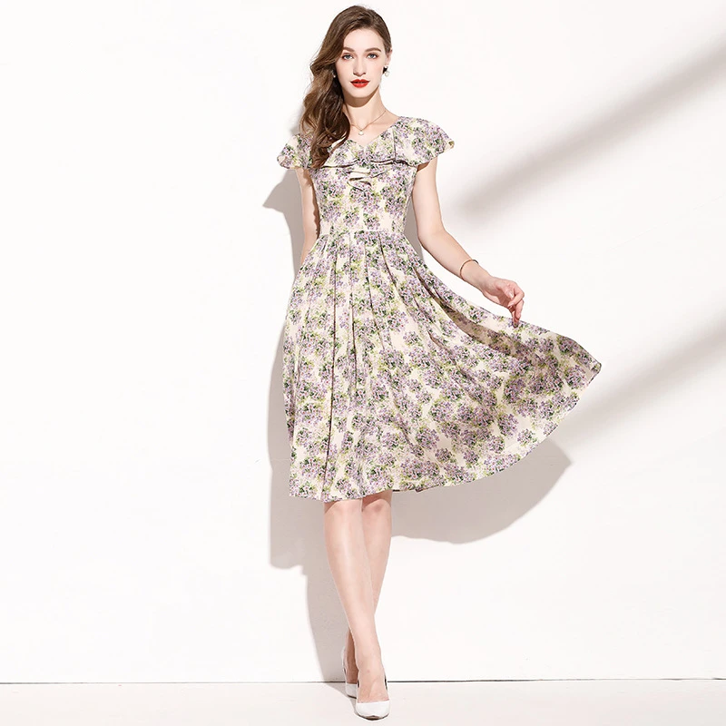 

Женское шифоновое платье с оборками, V-образным вырезом и коротким рукавом