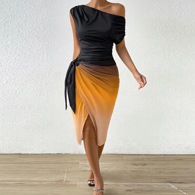 

Female Off Shoulder Gradual Color Change Party Dress Elegant Slash Neck Hip Wrap Long Dress Summer Pleated Lace-up Split Dresses