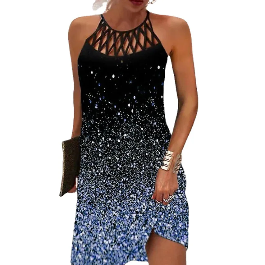 Женское свободное винтажное платье с рюшами пикантное летнее дырками халтер