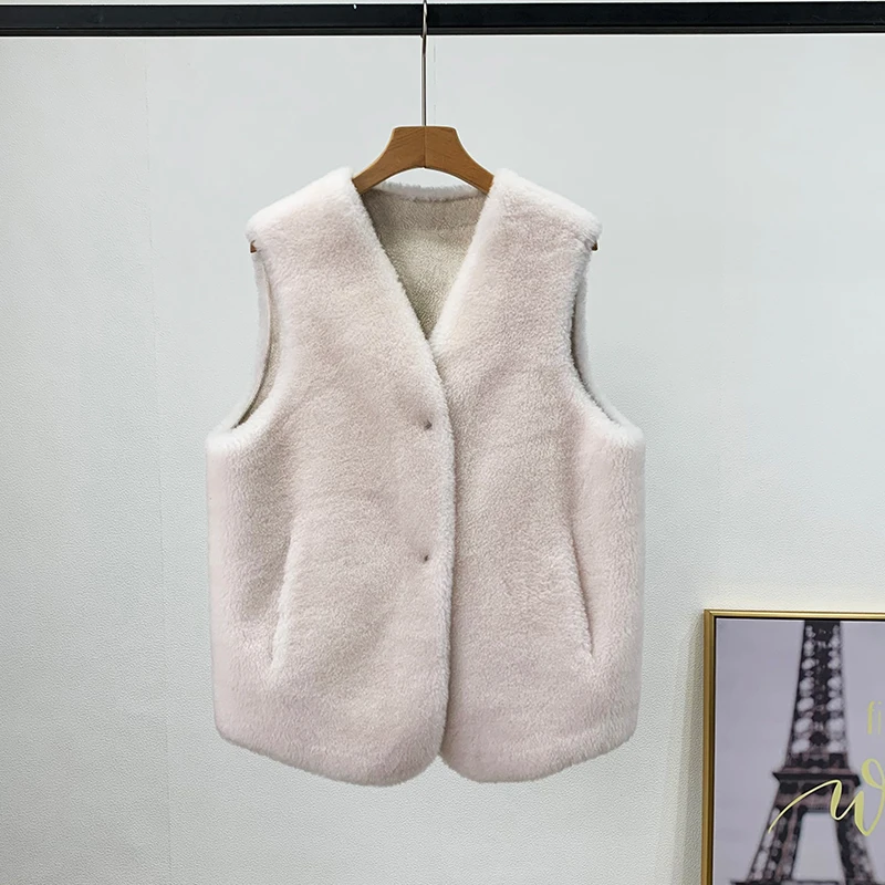 2022 Brand Fashion New Women's Warm Genuine Lamb Fur Vests Female Natural Fur Waistcoat Fur Sleeveless Gilet Streetwear C42