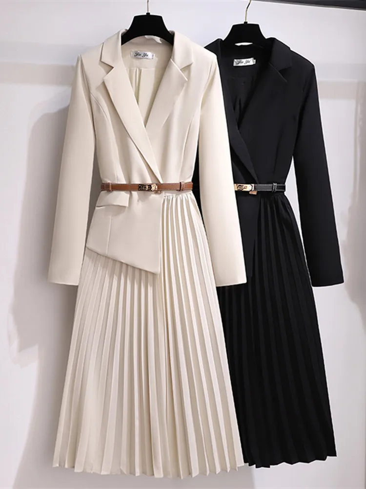 Spring Dress Female Large Size 2022 New Fashion Design Sense Suit Collar Fake Two Pieces Of Mid-Length Pleated Dress With Belt