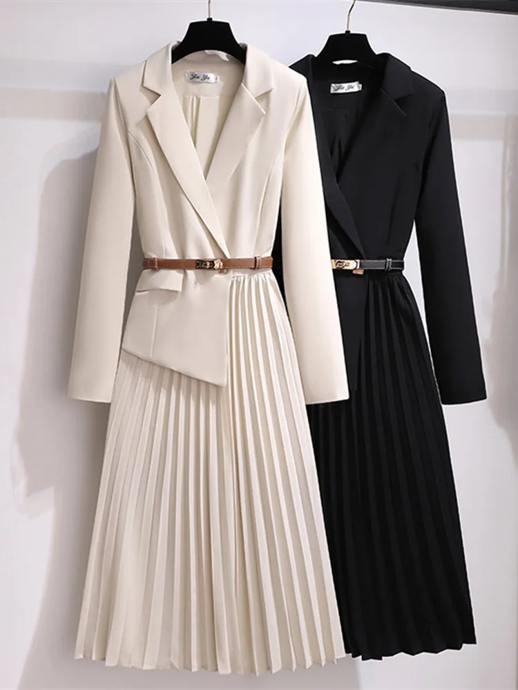 

Spring Dress Female Large Size 2022 New Fashion Design Sense Suit Collar Fake Two Pieces Of Mid-Length Pleated Dress With Belt