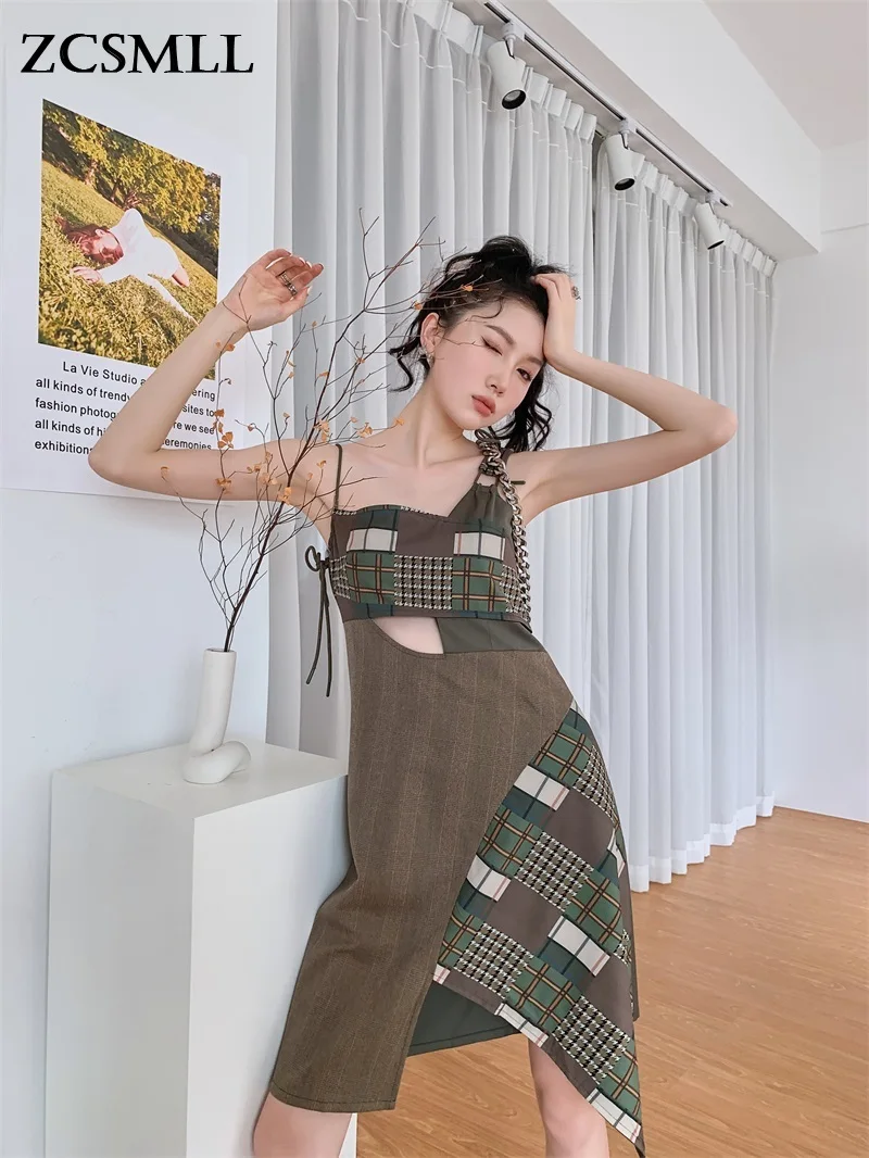 

ZCSMLL Vintage Summer Brown Slip Dress For Women 2022 Sundress Patchwork Asymmetrical Fashion Dress Designer Clothing