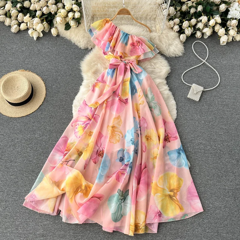 

Hikigawa Chic Fashion Irregular Elegant Diagonal Collar Ruffled Chiffon Printed Dresses For Women Vintage Bandage Vestidos Mujer