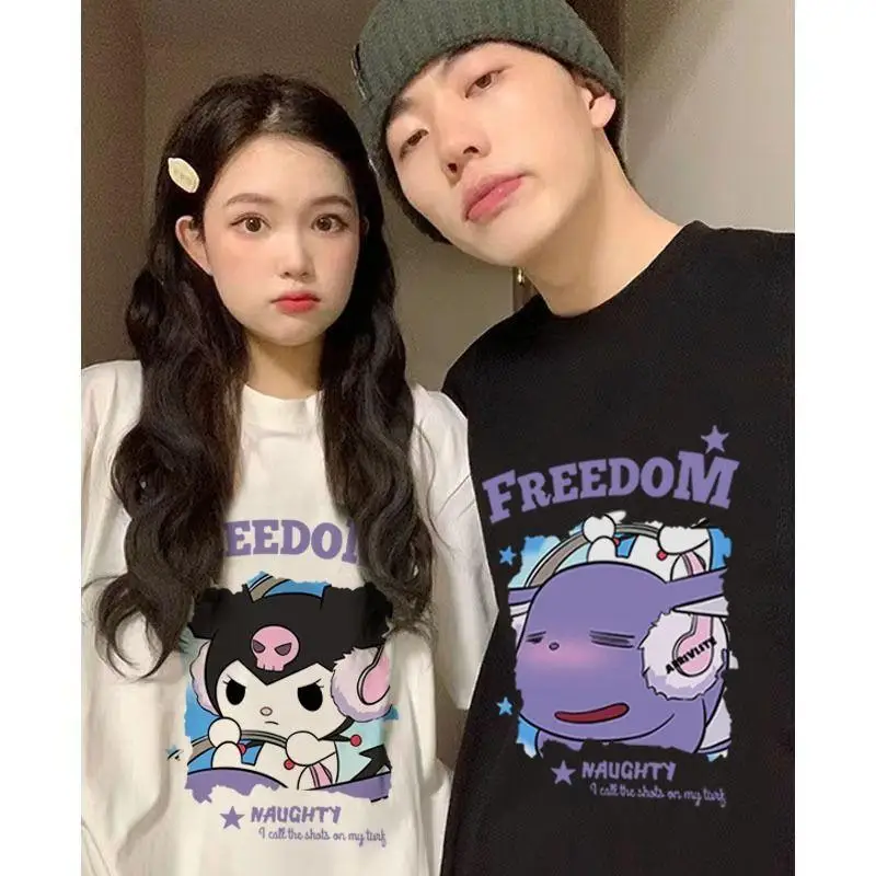 NEW Sanrio Anime Kawaii Kuromi pattern 100% Cotton Short-Sleeved T-Shirt Women's Summer New Couple Short Sleeve Cute Wind Top