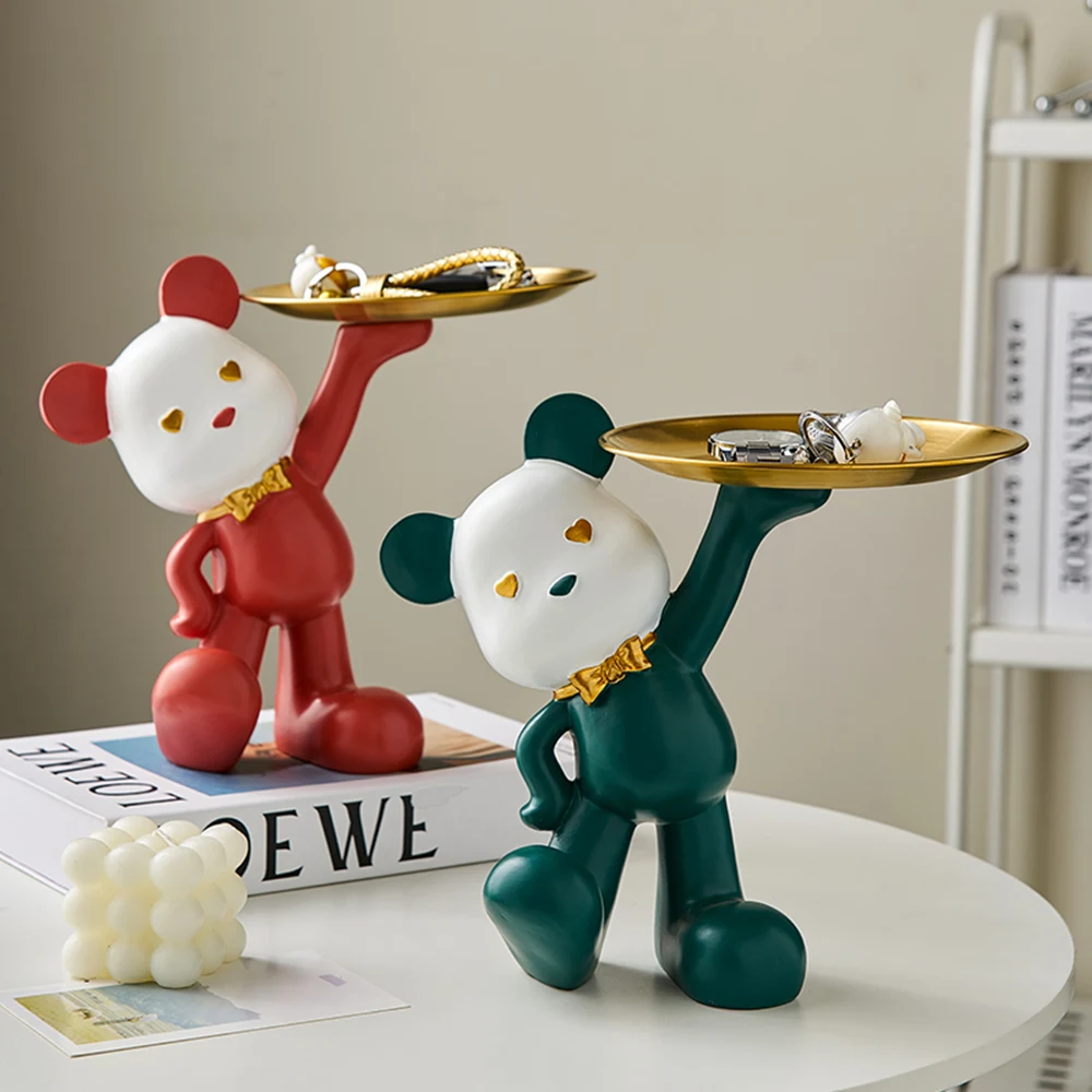 

Cute Bear Butler Statue with Tray Storage Plate for Keys Wristwatch Jewelries Home Decoration Bear Resin Sculpture Desk Figurine