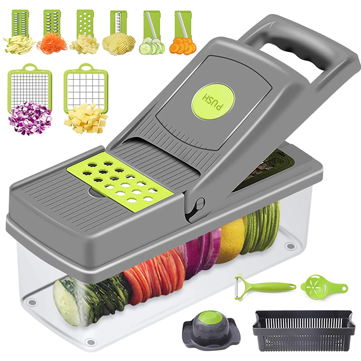 

New 12 In 1 Multifunctional Vegetable Cutter Vegetable Chopper Potato Cheese Slicer Spiralizer Mandolin Grater With Container