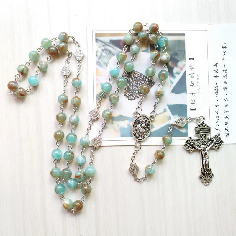 

Rosary Vintage Blue-green Prayer Beads Catholic Jewelry Virgin Cross Jesus Christian Religious Men and Women Necklace for Unisex
